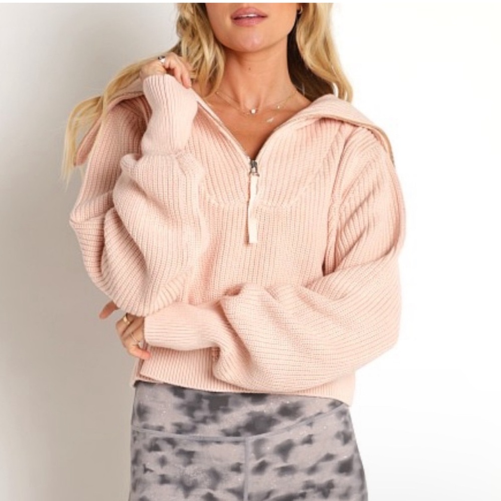 14. Varley Mentone Half Zip Knit Pullover Ribbed Sweater Pink Medium